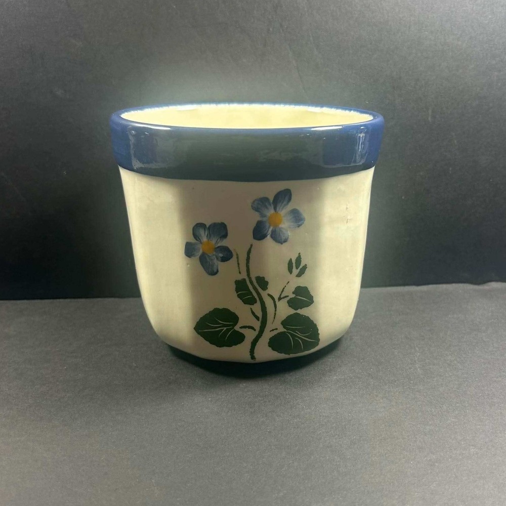 B&B Ceramic Planter Crock Cream Blue Floral Hand Painted Farmhouse Decor